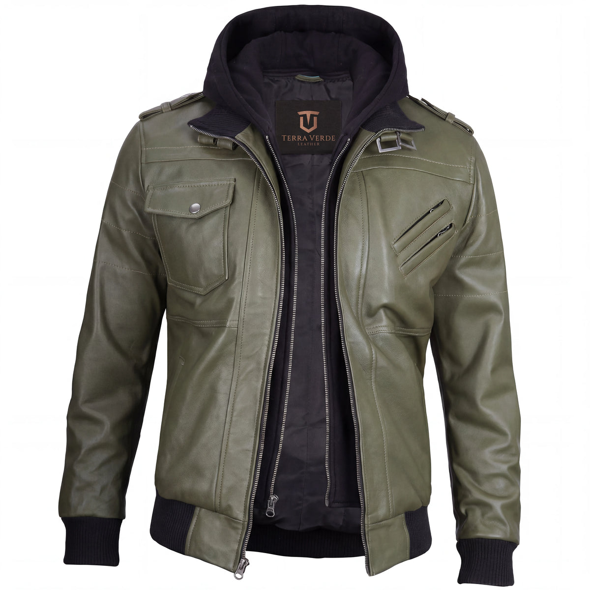 Crosslane Men’s Military Green Leather Bomber Jacket with Removable Hood