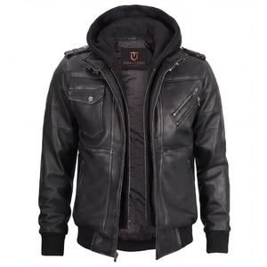 Crosslane Men’s Grey Leather Bomber Jacket with Removable Hood
