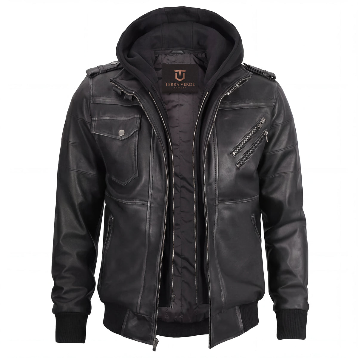 Crosslane Men’s Grey Leather Bomber Jacket with Removable Hood