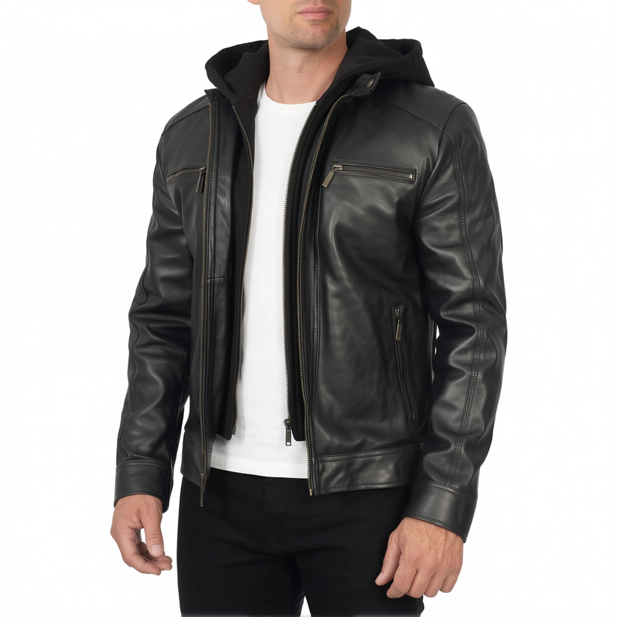 Dorian Men’s Black Hooded Cafe Racer Style Leather Biker Jacket