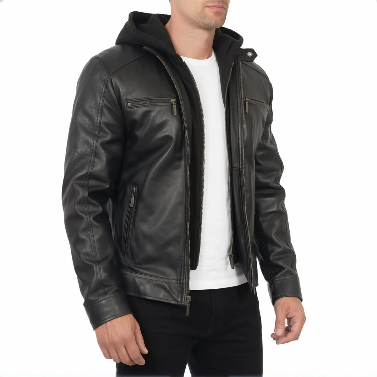 Dorian Men’s Black Hooded Cafe Racer Style Leather Biker Jacket
