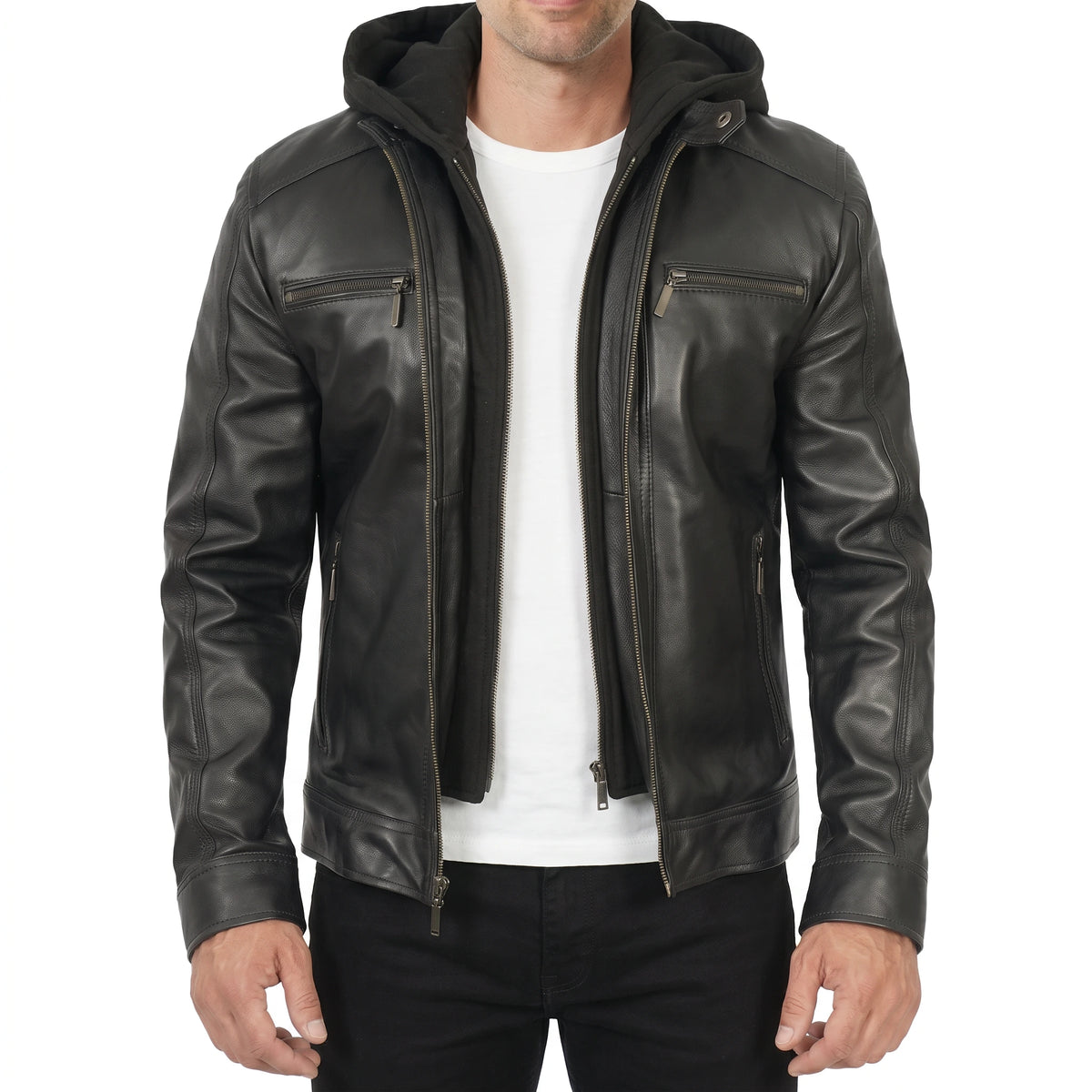 Dorian Men’s Black Hooded Cafe Racer Style Leather Biker Jacket
