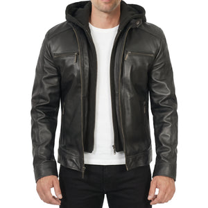 Dorian Men’s Black Hooded Cafe Racer Style Leather Biker Jacket