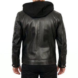 Dorian Men’s Black Hooded Cafe Racer Style Leather Biker Jacket