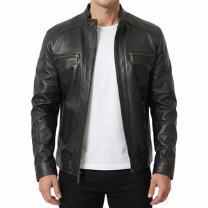 Dorian Men’s Black Hooded Cafe Racer Style Leather Biker Jacket