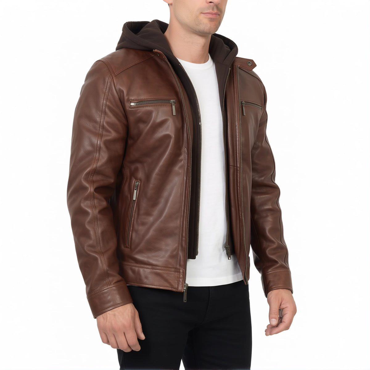 Dorian Men’s Brown Hooded Cafe Racer Style Leather Biker Jacket
