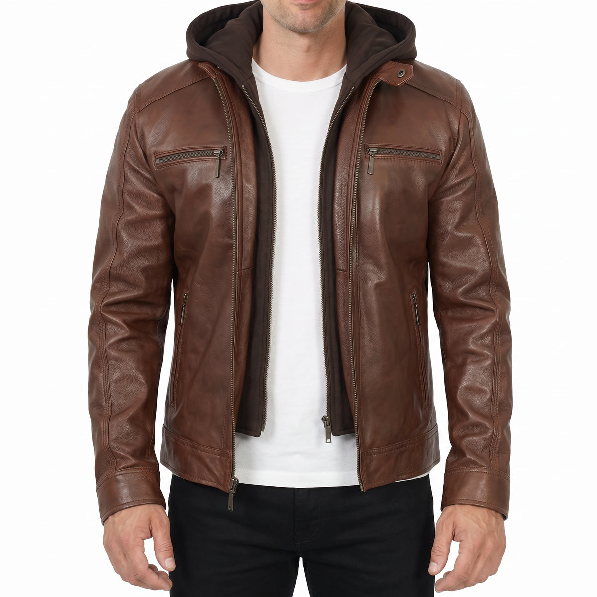 Dorian Men’s Brown Hooded Cafe Racer Style Leather Biker Jacket