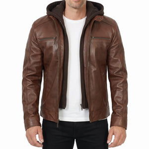 Dorian Men’s Brown Hooded Cafe Racer Style Leather Biker Jacket
