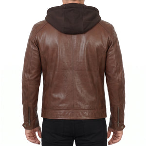 Dorian Men’s Brown Hooded Cafe Racer Style Leather Biker Jacket