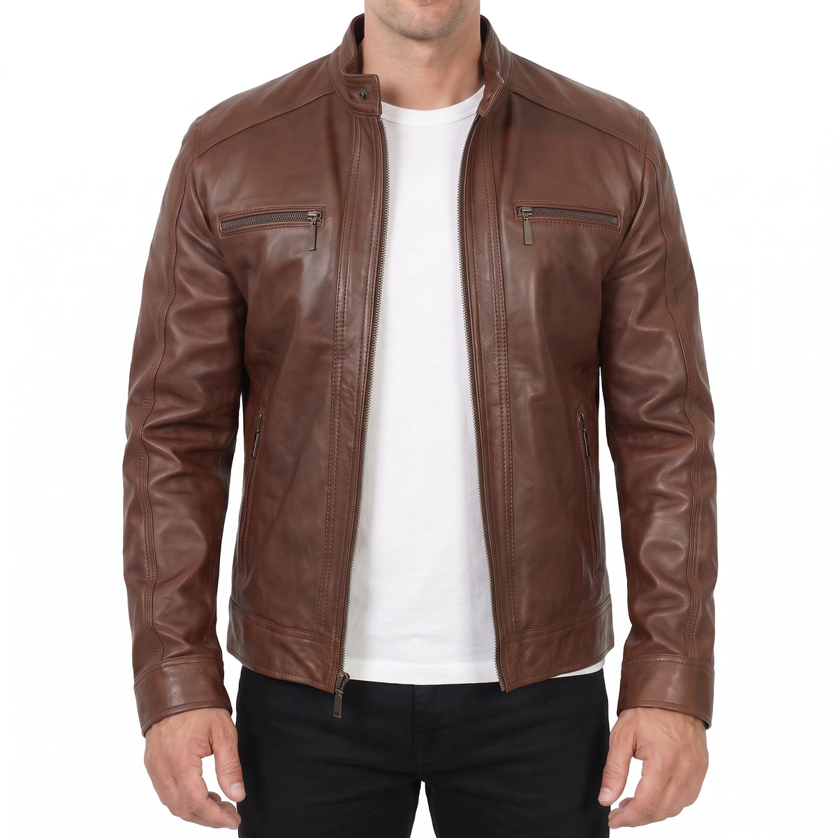 Dorian Men’s Brown Hooded Cafe Racer Style Leather Biker Jacket