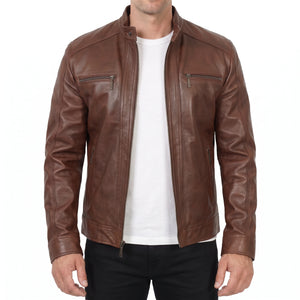 Dorian Men’s Brown Hooded Cafe Racer Style Leather Biker Jacket