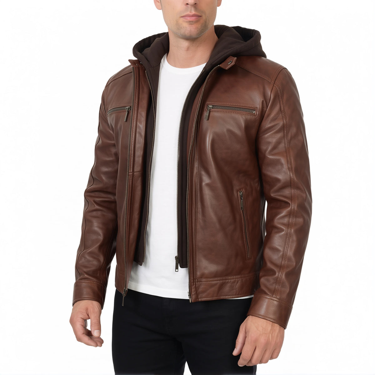 Dorian Men’s Brown Hooded Cafe Racer Style Leather Biker Jacket