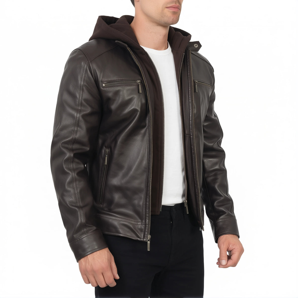 Dorian Men’s Dark Brown Hooded Cafe Racer Style Leather Biker Jacket