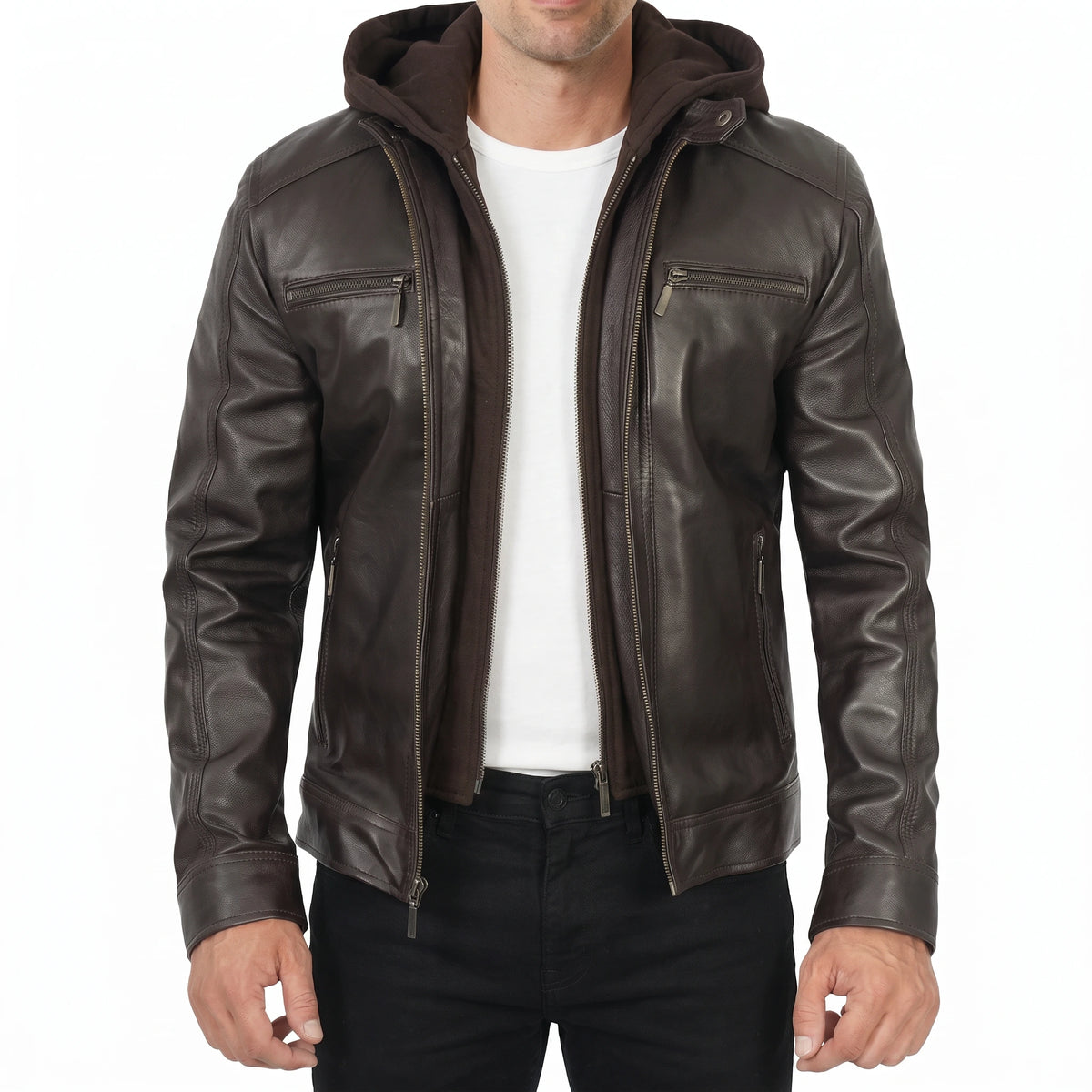Dorian Men’s Dark Brown Hooded Cafe Racer Style Leather Biker Jacket