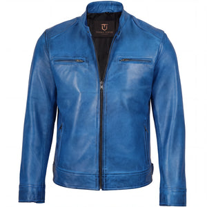 Azure Outlaw Men’s Distressed Blue Leather Café Racer Jacket