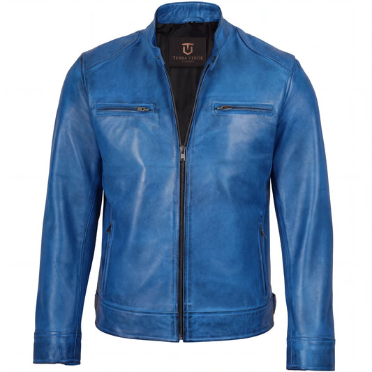 Azure Outlaw Men’s Distressed Blue Leather Café Racer Jacket