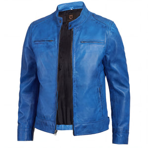 Azure Outlaw Men’s Distressed Blue Leather Café Racer Jacket