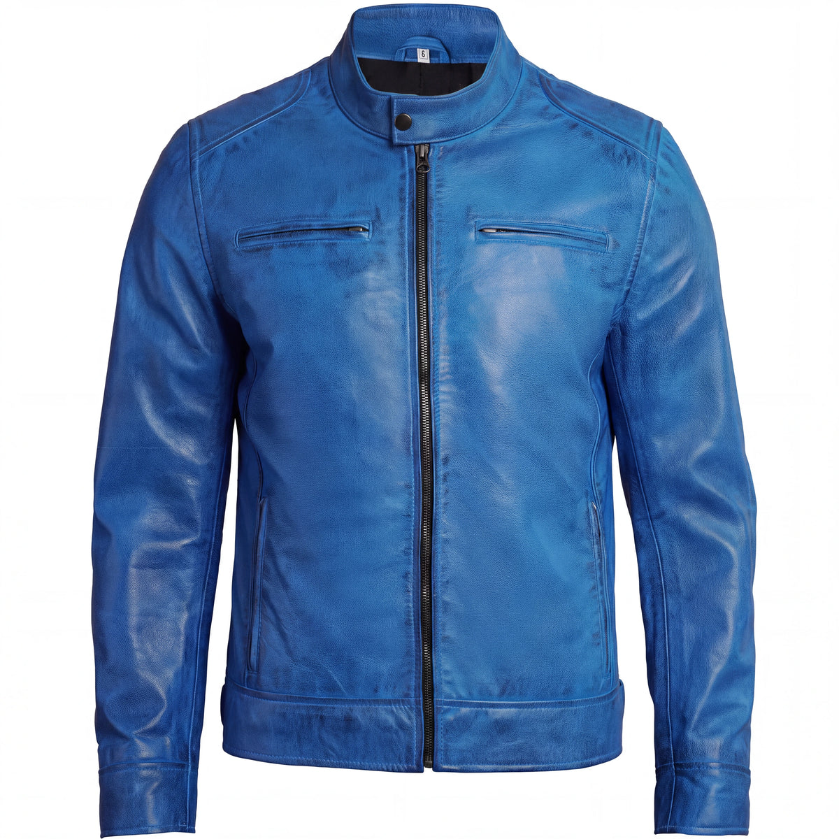 Azure Outlaw Men’s Distressed Blue Leather Café Racer Jacket