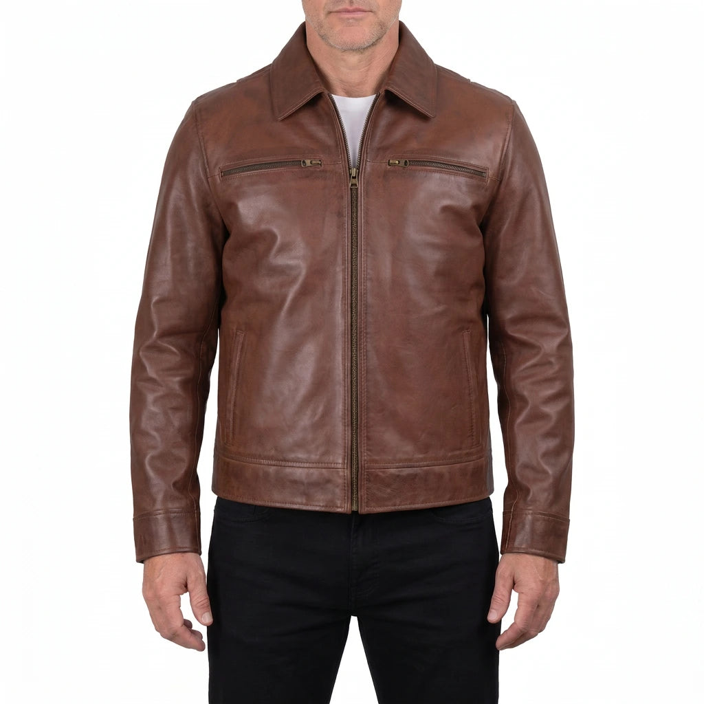 Grant Men’s Cognac Brown Harrington Leather Jacket
