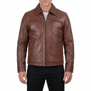 Grant Men’s Cognac Brown Harrington Leather Jacket