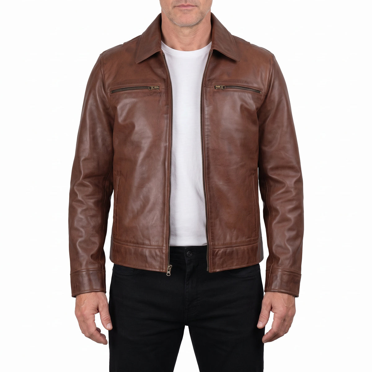 Grant Men’s Cognac Brown Harrington Leather Jacket