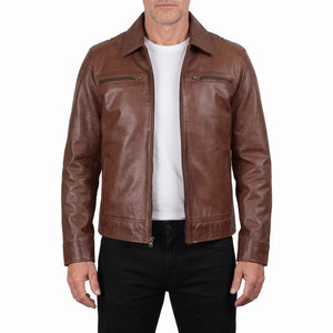 Grant Men’s Cognac Brown Harrington Leather Jacket