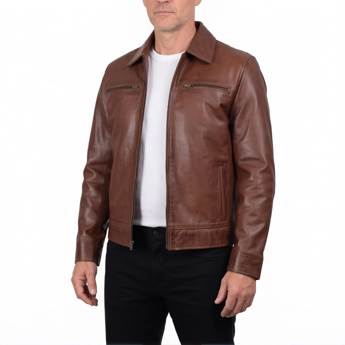 Grant Men’s Cognac Brown Harrington Leather Jacket