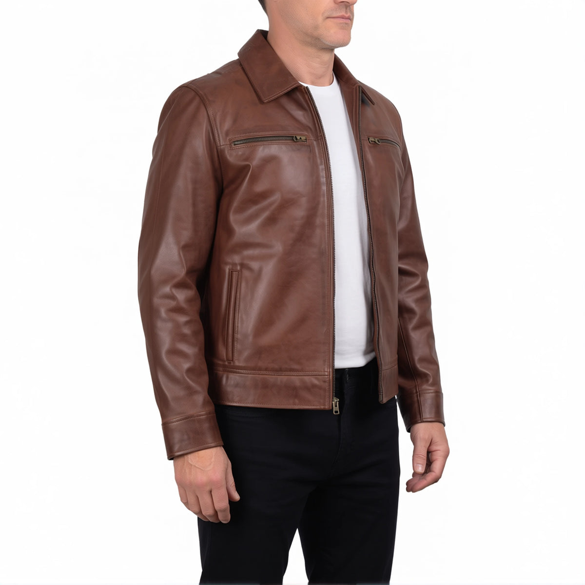 Grant Men’s Cognac Brown Harrington Leather Jacket