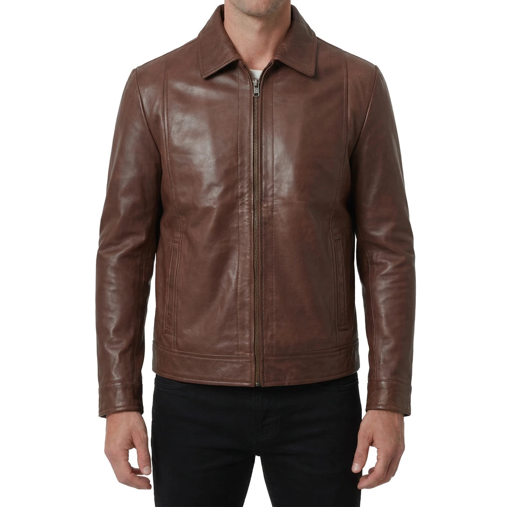 Hale Men’s Cognac Brown Vintage Harrington Leather Jacket