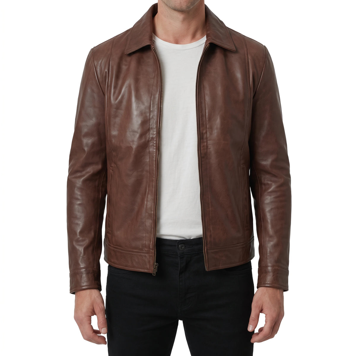 Hale Men’s Cognac Brown Vintage Harrington Leather Jacket
