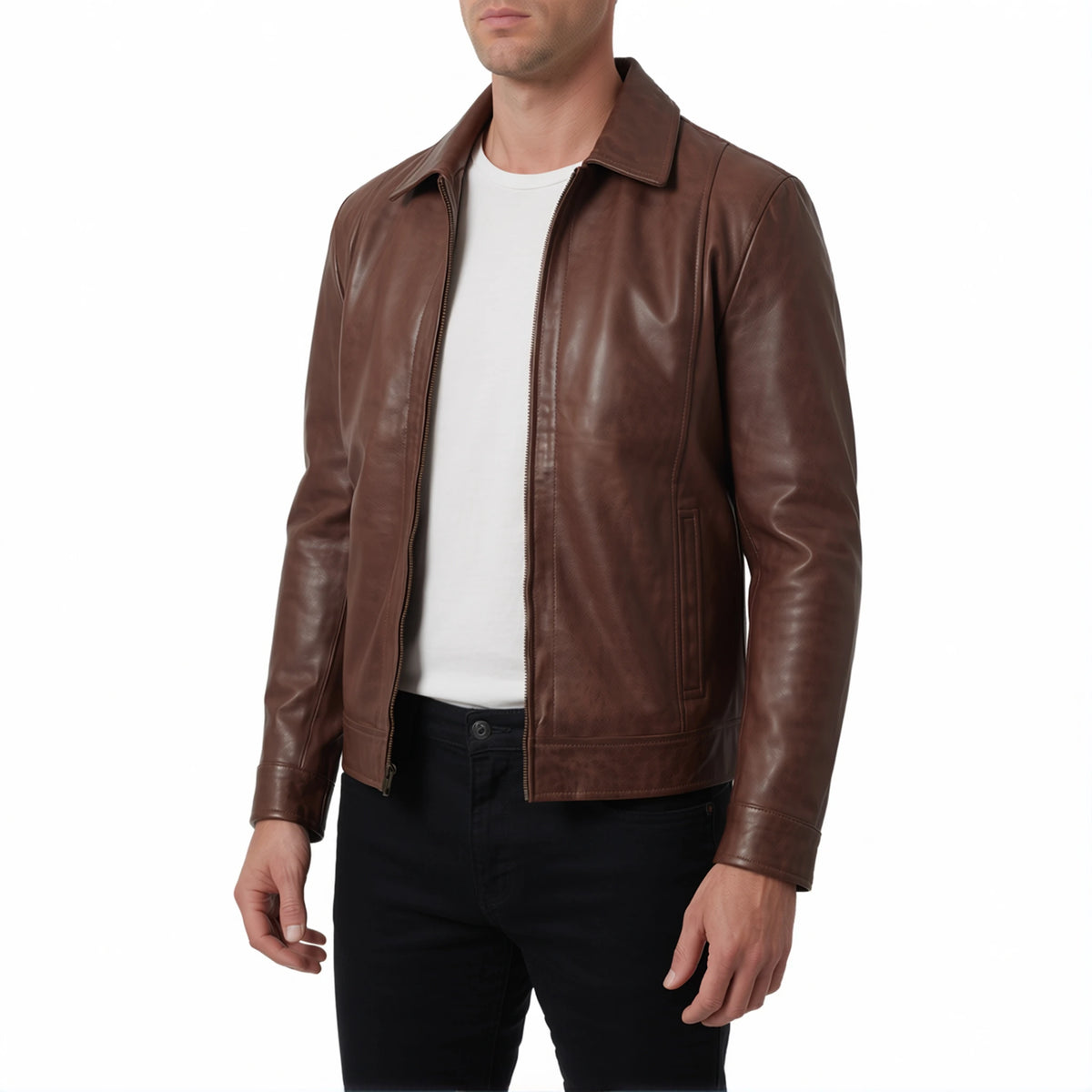 Hale Men’s Cognac Brown Vintage Harrington Leather Jacket