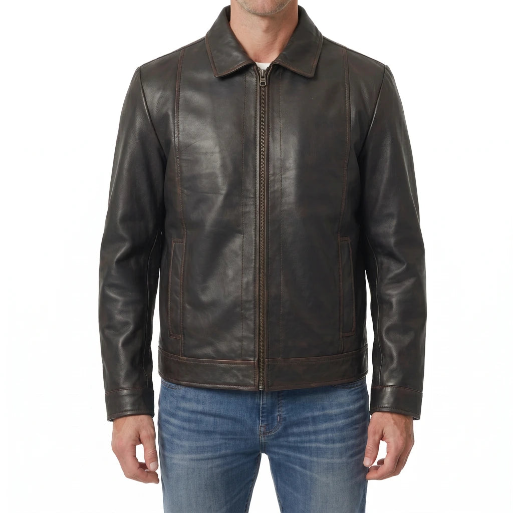 Hale Men’s Distressed Brown Vintage Harrington Leather Jacket