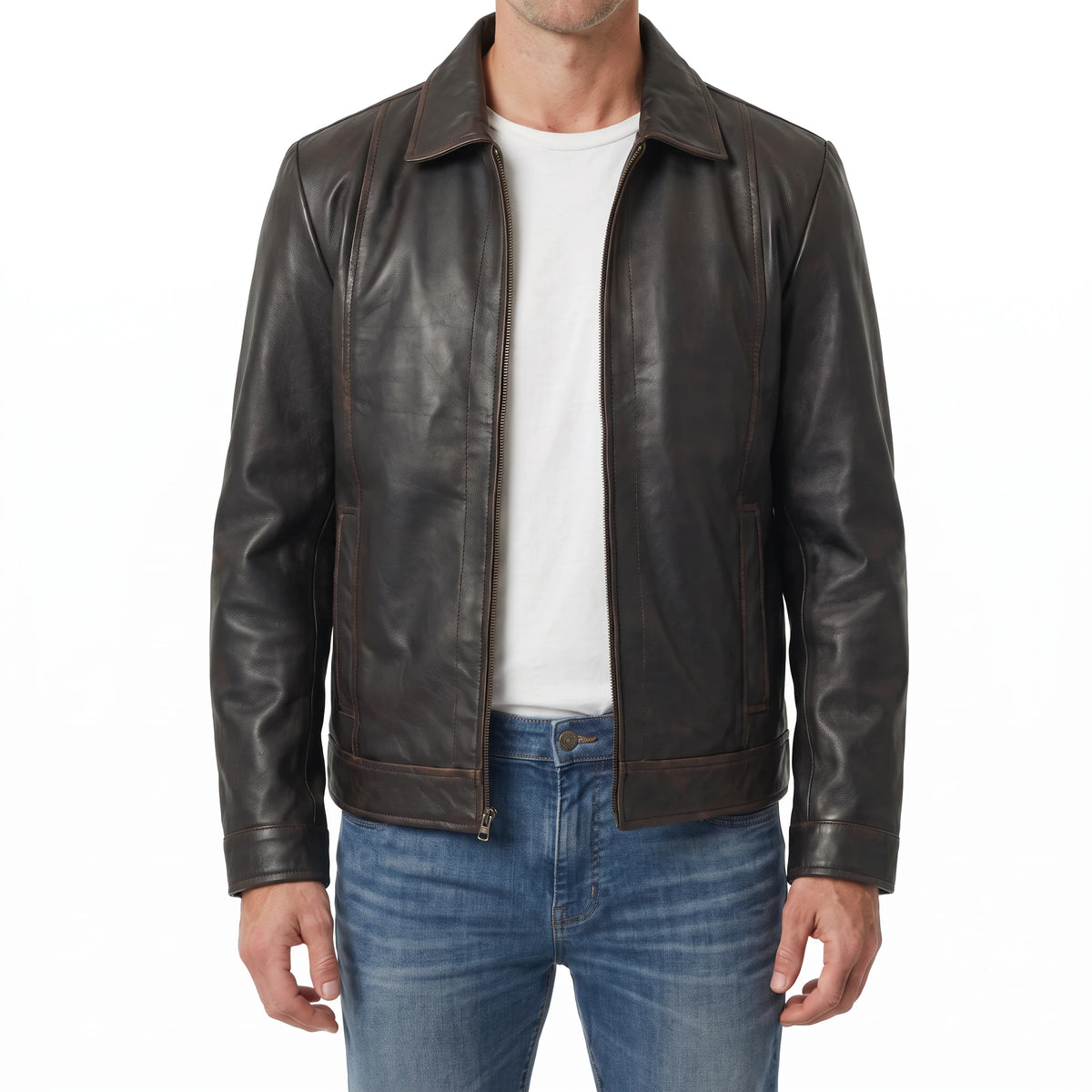 Hale Men’s Distressed Brown Vintage Harrington Leather Jacket