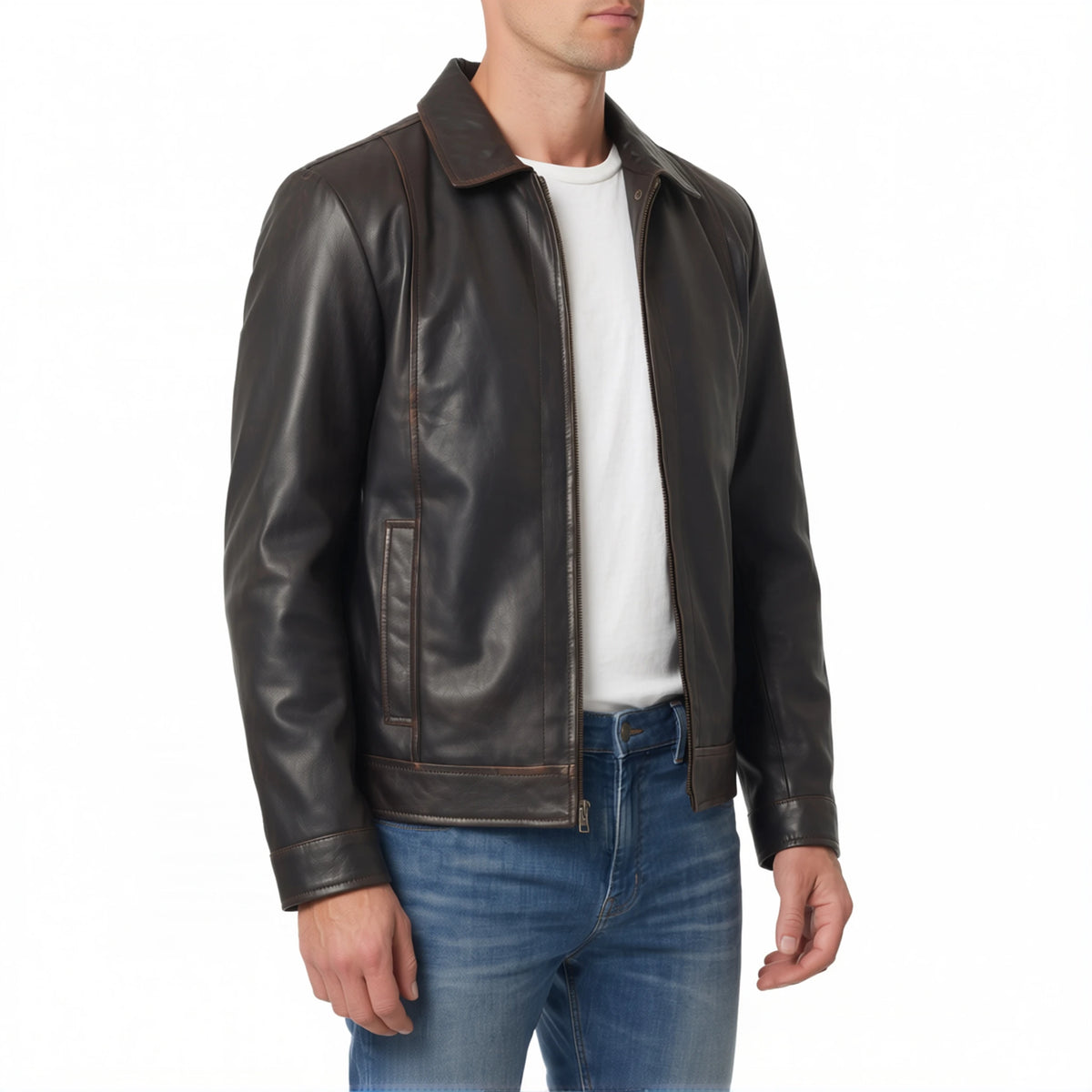 Hale Men’s Distressed Brown Vintage Harrington Leather Jacket