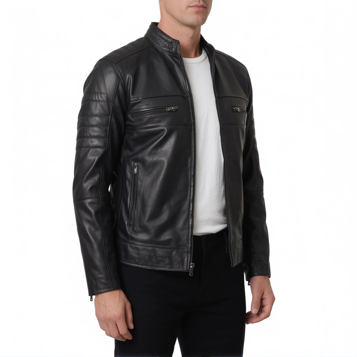 Hayes Men’s Black Cafe Racer Style Leather Biker Jacket