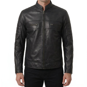 Hayes Men’s Black Cafe Racer Style Leather Biker Jacket