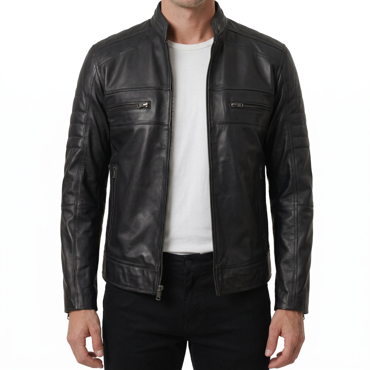 Hayes Men’s Black Cafe Racer Style Leather Biker Jacket