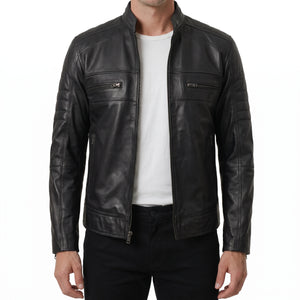 Hayes Men’s Black Cafe Racer Style Leather Biker Jacket