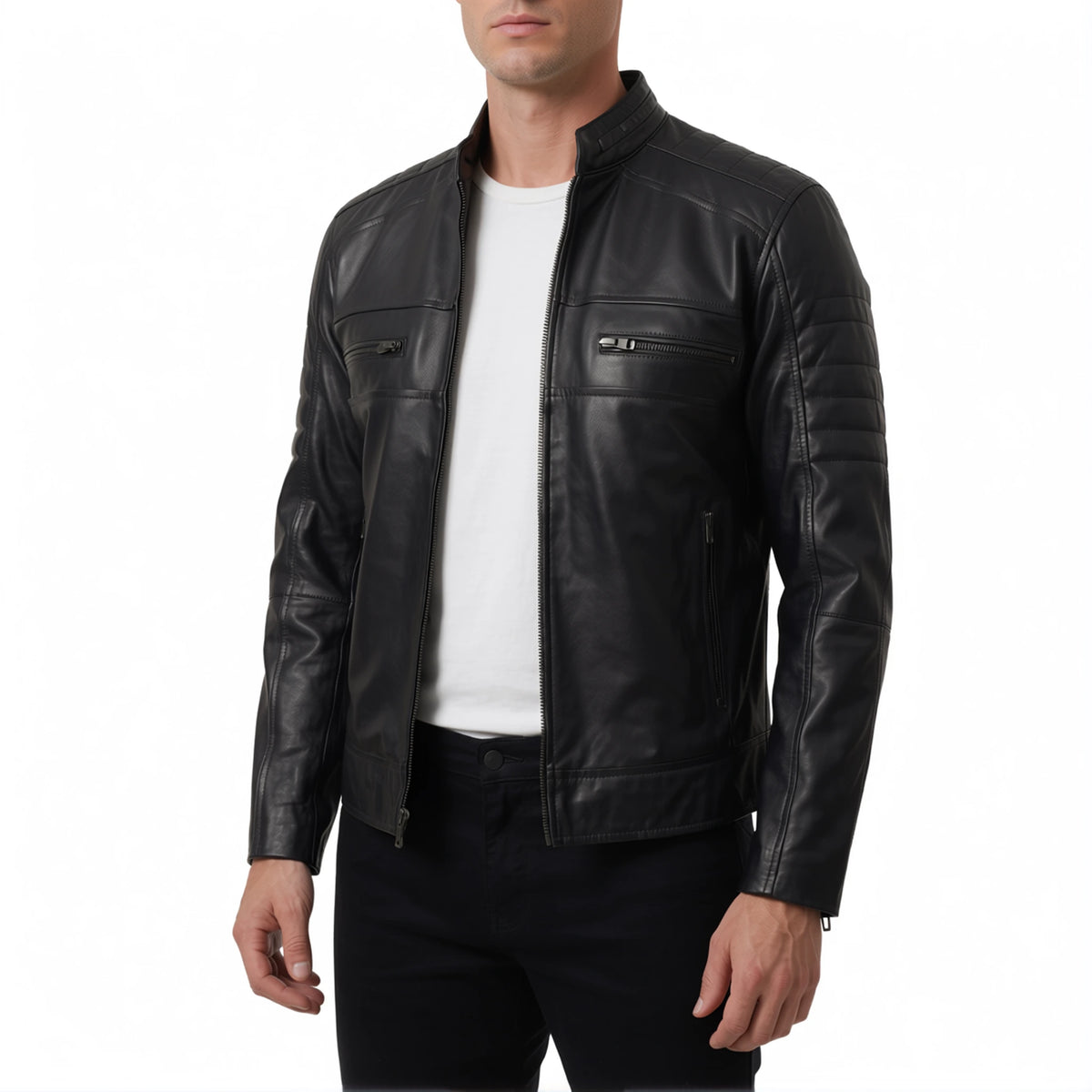 Hayes Men’s Black Cafe Racer Style Leather Biker Jacket