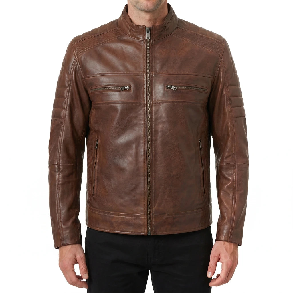 Hayes Men’s Cognac Brown Cafe Racer Style Leather Biker Jacket