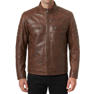 Hayes Men’s Cognac Brown Cafe Racer Style Leather Biker Jacket