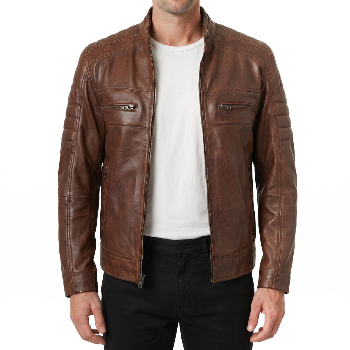 Hayes Men’s Cognac Brown Cafe Racer Style Leather Biker Jacket