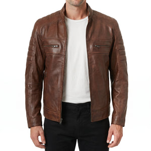 Hayes Men’s Cognac Brown Cafe Racer Style Leather Biker Jacket