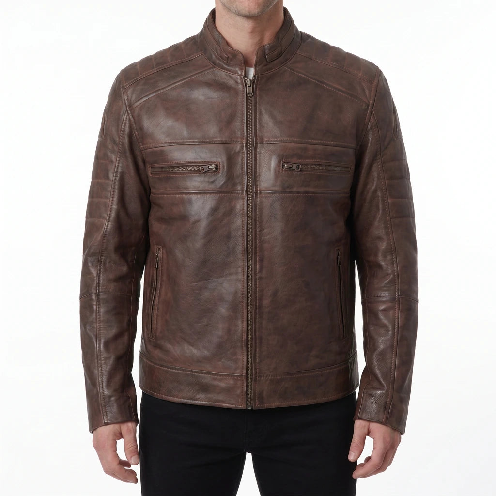 Hayes Men’s Distressed Brown Cafe Racer Style Leather Biker Jacket