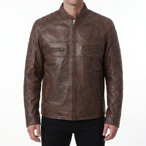 Hayes Men’s Distressed Brown Cafe Racer Style Leather Biker Jacket