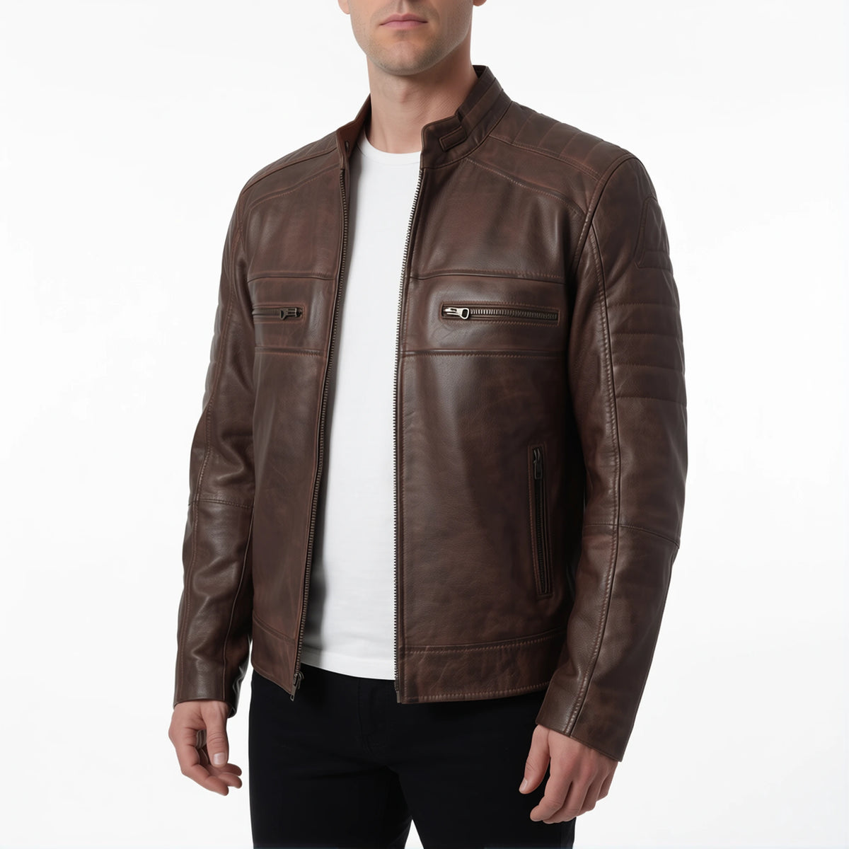 Hayes Men’s Distressed Brown Cafe Racer Style Leather Biker Jacket