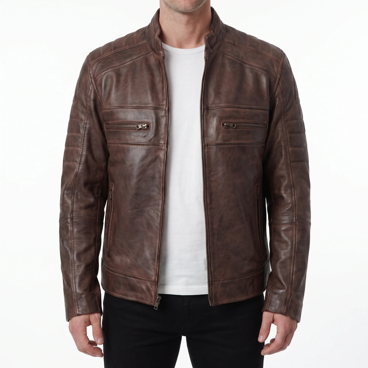 Hayes Men’s Distressed Brown Cafe Racer Style Leather Biker Jacket