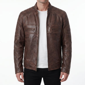 Hayes Men’s Distressed Brown Cafe Racer Style Leather Biker Jacket