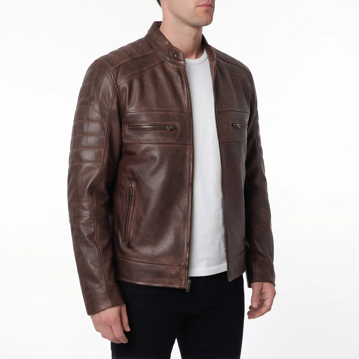 Hayes Men’s Distressed Brown Cafe Racer Style Leather Biker Jacket