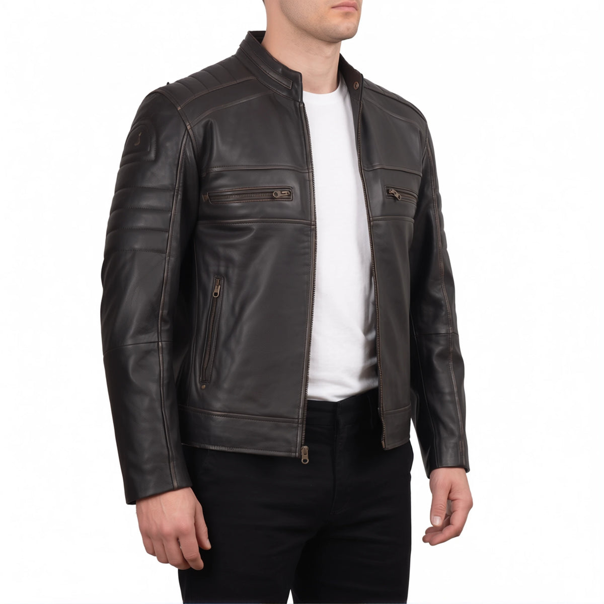 Hayes Men’s Rub-Off Brown Cafe Racer Style Leather Biker Jacket